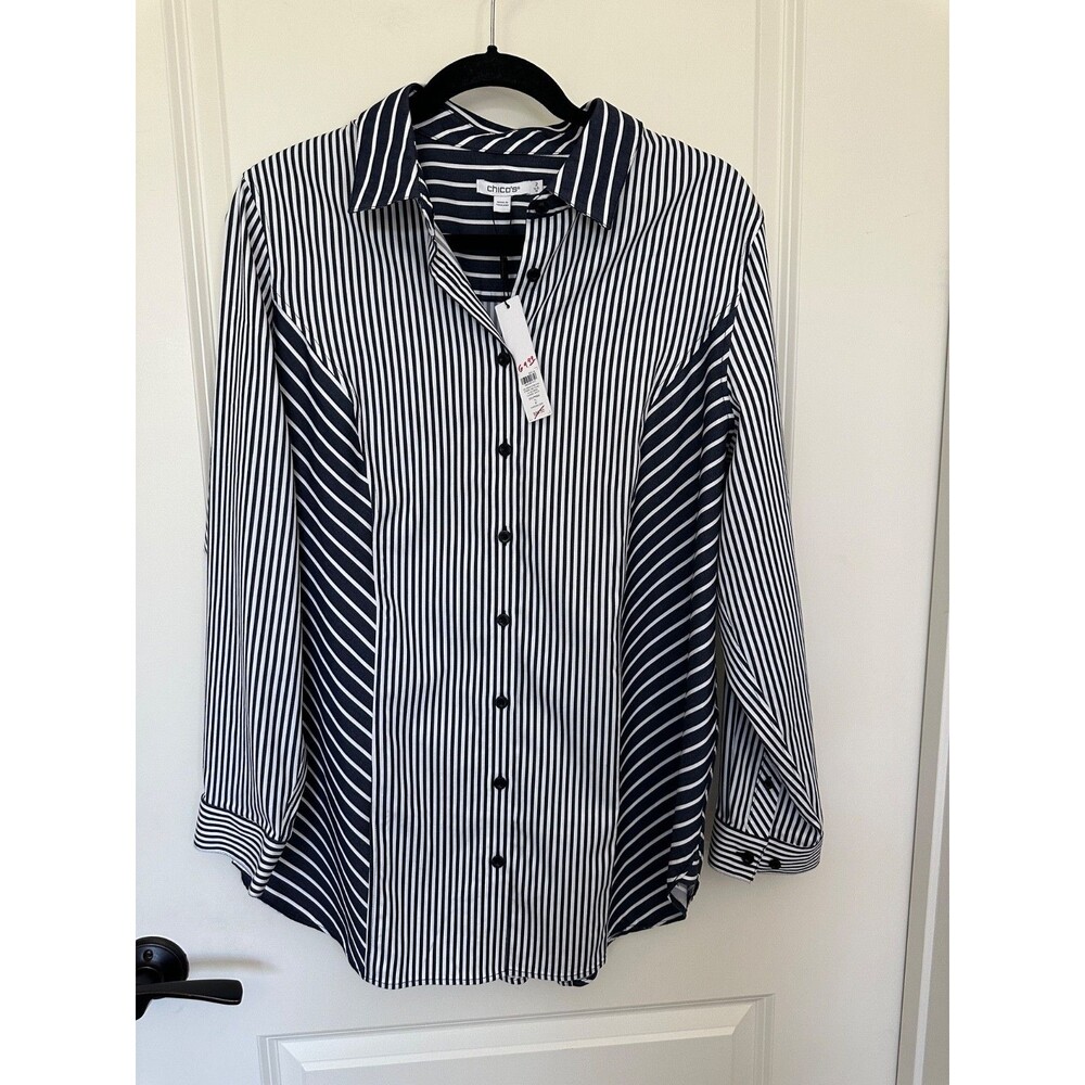 Chicos No-Iron Colorblock Navy White Striped Shirt Chico’s 2 (Large / US 12) NWT
